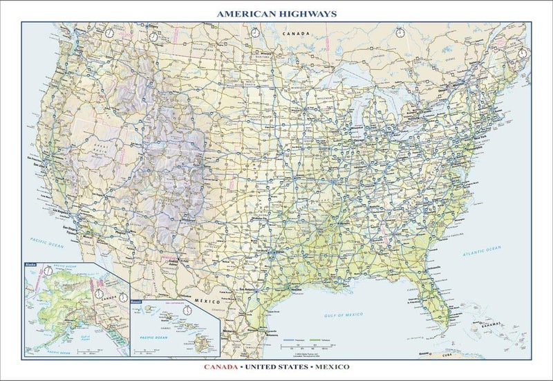 American Highways Wall Map - 22.75" x 15.5" Laminated